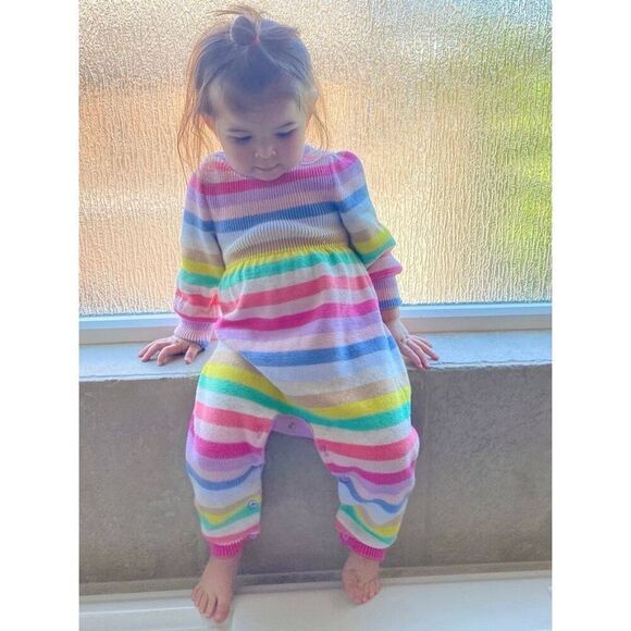 NEW GAP BabyGAP Infant 6-12 Months Overall Happy Stripe Sweater 1-piece - Picture 1 of 9